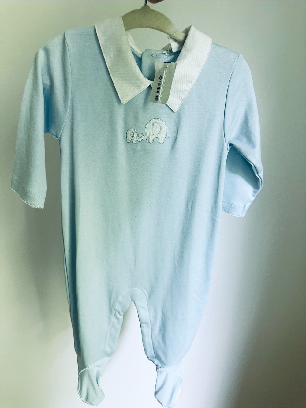 Kissy Kissy Baby Boy Pima Cotton Polo Collar Pique Elephant Footie Light Blue